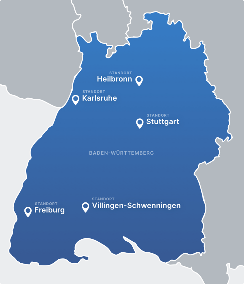 Eine Karten-Illustration von Baden-Württemberg mit allen 7 Standorten der GkB mbH